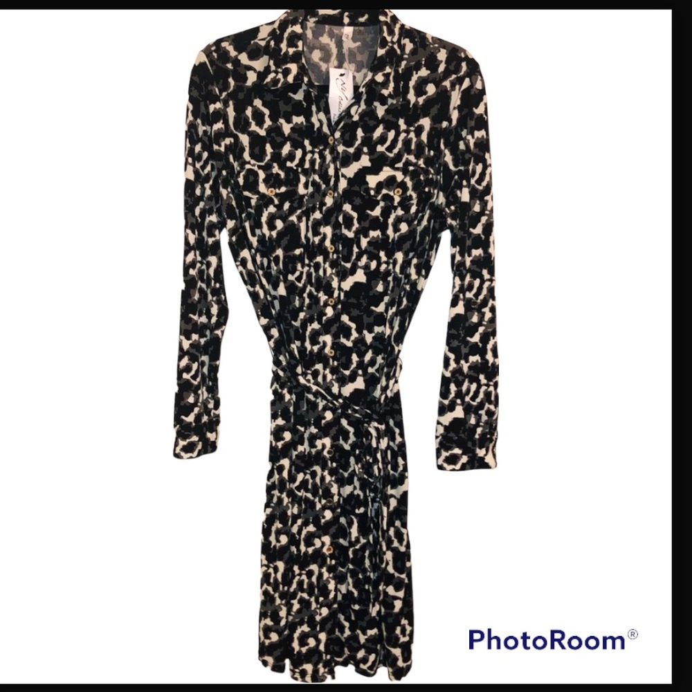 NWT NY Collection  Long Sleeve Leopard Print Roll tab Shirt Dress Size Petite L